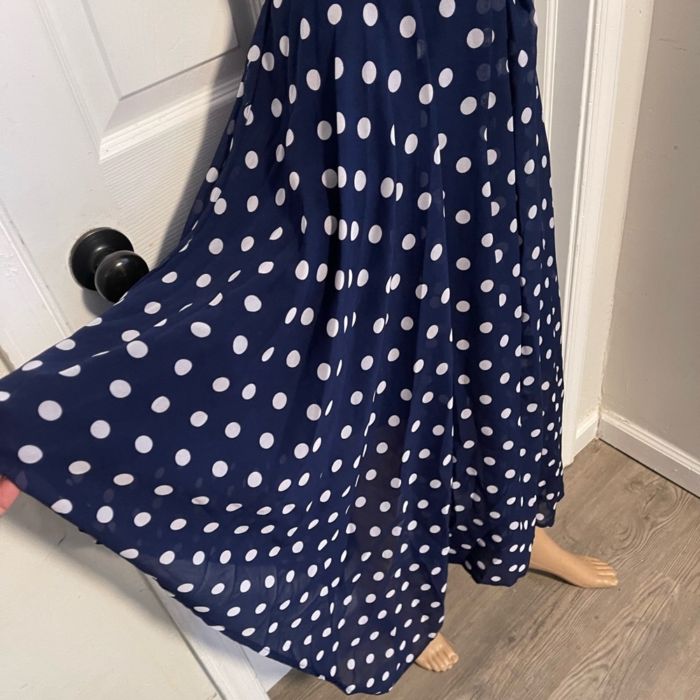 Jennifer Lauren navy blue polka dot handkerchief hem dress size L tie at waist - Picture 3 of 11